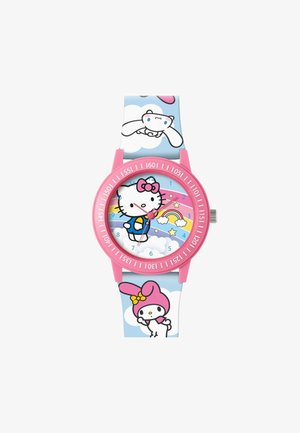 Kleurrijke horloge met een roze siliconen kast en band. Witte wijzerplaat toont Hello Kitty en My Melody tegen een blauwe wolkenachtergrond.
