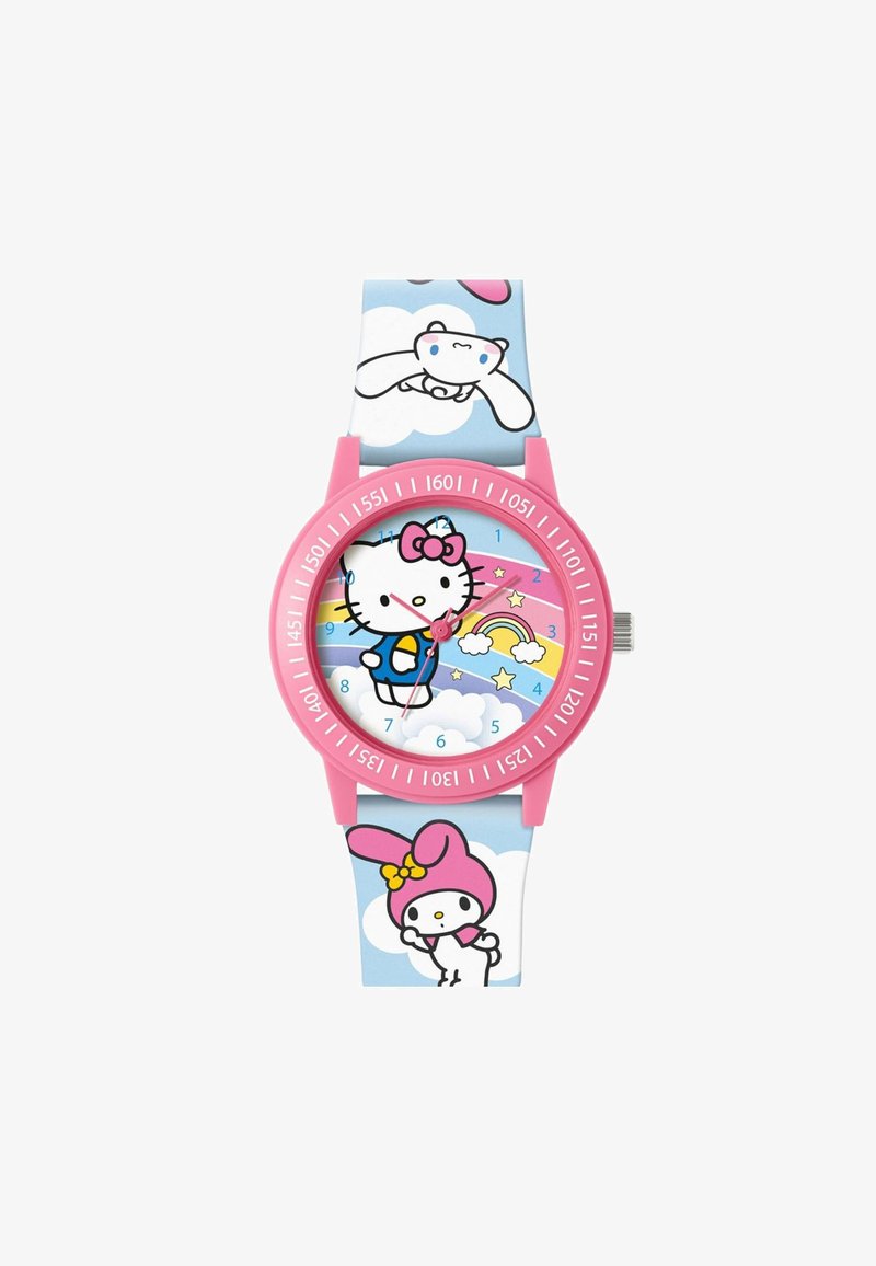 Kleurrijke horloge met een roze siliconen kast en band. Witte wijzerplaat toont Hello Kitty en My Melody tegen een blauwe wolkenachtergrond.