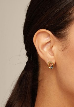Oreja derecha de mujer con cabello castaño oscuro recogido, lleva un pendiente de aro dorado con un pequeño detalle de piedra oscura.