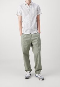 Kortebloezem, met kraag, shirt met blauwe strepen op een witte achtergrond; gecombineerd met relaxte, lichtgroene broeken en grijze sneakers.