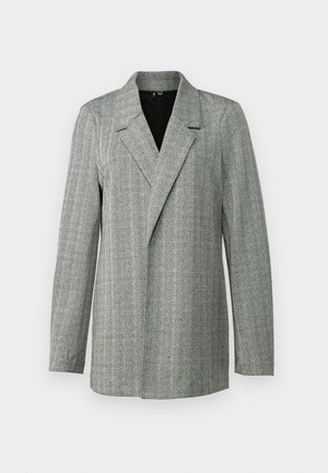 Szürke houndstooth blézer csúcsos hajtókával, egygombos záródással és hosszú ujjakkal. Textúrált anyagú, enyhe fényű.