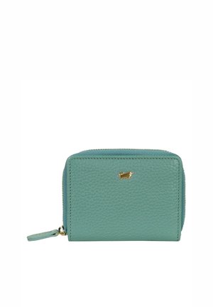 Petit portefeuille en cuir bleu sarcelle avec un emblème de taureau doré et une fermeture éclair, présenté sur un fond blanc.