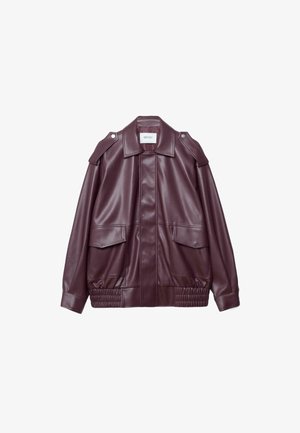 Dunkelburgunderfarbene Kunstlederjacke mit aufgesetzten Fronttaschen, Schulterklappen, einem gekragten Ausschnitt sowie elastischem Saum und Bündchen.