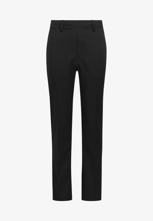 Schwarze maßgeschneiderte Hose mit geradem Bein, ausgestattet mit flachem Frontdesign, Gürtelschlaufen und seitlichen Taschen. Glatte Stoffoberfläche.