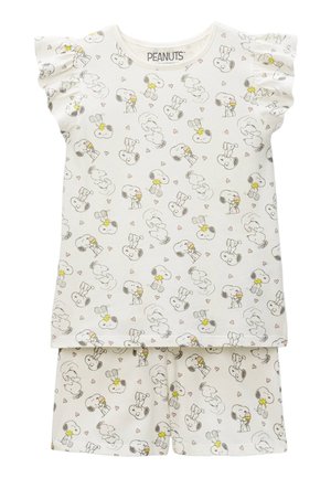 Ensemble pour enfants composé d'un haut blanc à manches courtes et d'un short, avec un imprimé intégral de dessins animés Snoopy et Woodstock, agrémenté de petits cœurs roses.