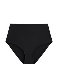 Slip bikini neri a vita alta con linee pulite e cuciture semplici, mostrati su uno sfondo bianco.