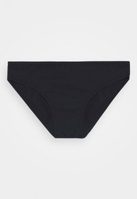 Slip di bikini nero realizzato in un tessuto liscio, con un taglio classico, lati sottili e una vita piatta. Nessun abbellimento visibile.