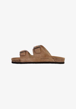Sandali in suede color beige chiaro con due cinturini regolabili con fibbie, sottopiede in sughero e suola in gomma nera texturizzata, con logo.