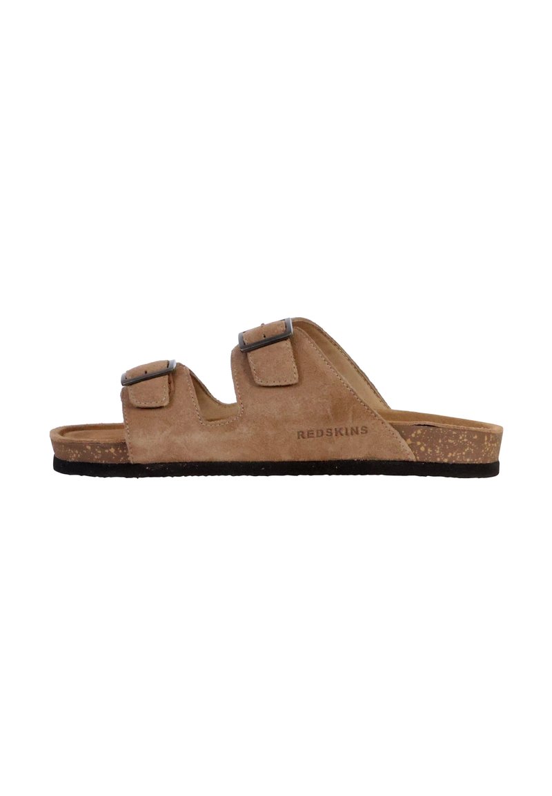 Sandali in suede color beige chiaro con due cinturini regolabili con fibbie, sottopiede in sughero e suola in gomma nera texturizzata, con logo.