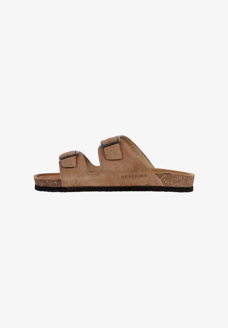 Sandali in suede color beige chiaro con due cinturini regolabili con fibbie, sottopiede in sughero e suola in gomma nera texturizzata, con logo.