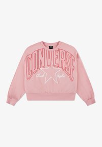 Ροζ φούτερ cropped από βαμβάκι. Διακοσμημένο με μεγάλο λευκό κείμενο "CONVERSE" και το λογότυπο αστεριού Chuck Taylor. Ριμπ μανσέτες και τελείωμα.