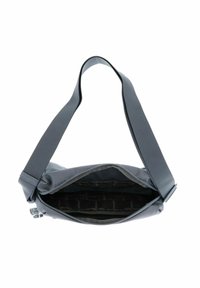 Graue Stoff-Umhängetasche mit breitem Tragegurt, Reißverschlussverschluss und Innenfächern. Strukturiert Oberfläche mit subtiler Markenkennzeichnung im Inneren.