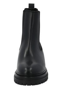 Stivali Chelsea in pelle nera con finitura liscia, pannelli laterali elasticizzati e una suola in gomma ruvida e testurizzata. Pratico passante sul retro.