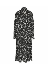 Abito midi nero a maniche lunghe con motivo floreale bianco, polsini con bottoni, vita aderente e colletto, mostrato di spalle.
