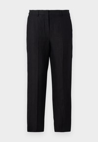 Pantaloni negri din in cu croială dreaptă, dotati cu fermoar, bride pentru curea și buzunare frontale și dorsale. Textură netedă și design minimalist.