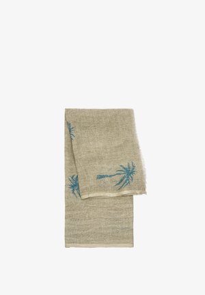 Lniana chusta w jasnym beżu z niebieskim haftem palm. Miękka tekstura, podwinięte krawędzie i lekka konstrukcja. Idealna do różnych stylizacji.