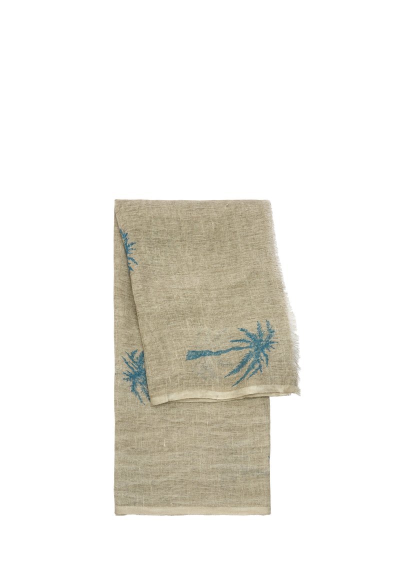 Lniana chusta w jasnym beżu z niebieskim haftem palm. Miękka tekstura, podwinięte krawędzie i lekka konstrukcja. Idealna do różnych stylizacji.