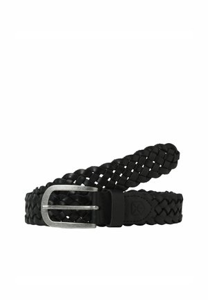 Schwarzer geflochtener Leder-Gürtel mit einer silbernen Metallschnalle, einer glatten Oberfläche und einem auffälligen geflochtenen Design.