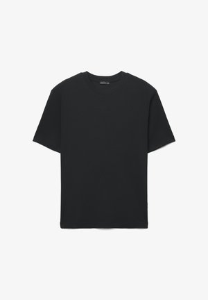 Schwarzes kurzärmliges T-Shirt aus Baumwollmischung mit Rundhalsausschnitt und geradem Schnitt. Keine Muster oder Akzente vorhanden.