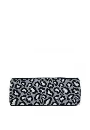 Black and gray leopard print fabric headband with a soft, knitted texture.