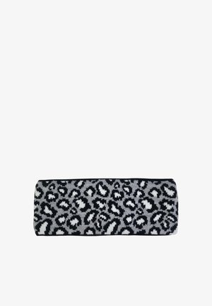 Black and gray leopard print fabric headband with a soft, knitted texture.