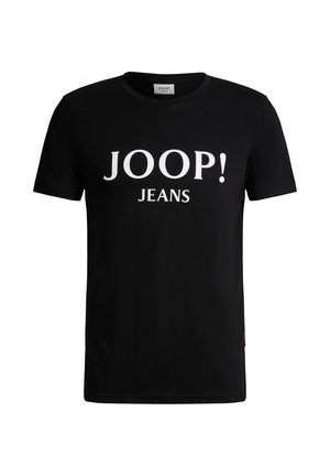 Schwarzes T-Shirt mit kurzen Ärmeln und großem "JOOP! JEANS"-Schriftzug in Weiß auf der Brust, Rundhalsausschnitt.
