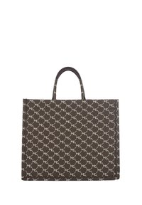 Borsa a tracolla marrone con un motivo a logo beige ripetuto. Presenta due manici robusti e una forma strutturata, realizzata con materiale resistente.