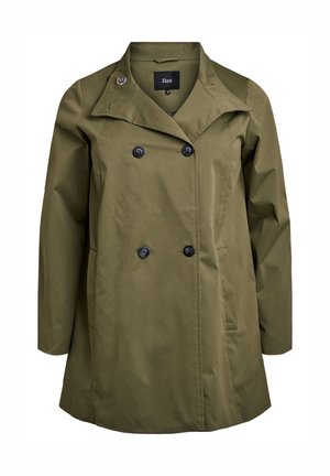 Olive green trench coat made of smooth fabric, featuring a double-breasted design, large black buttons, and a classic collar.