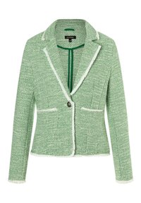 Zelený tvídový blazer se strukturovaným designem, bílými třepenými okraji, jednobuttonovým zapínáním a dvěma předními kapsami. Texturovaný tkaný vzor po celém povrchu.