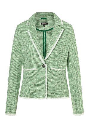 Grön tweedblazer med en strukturerad design, vita fransade kanter, enkel knappstängning och två framfickor. Texturerat vävmönster genom hela.