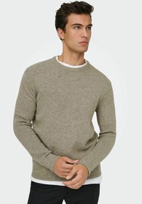 Světle šedý svetr s kulatým výstřihem vyrobený z měkké, strukturované tkaniny. Slim fit design s žebrovanými manžetami a lemem, přes bílou košili.