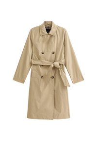 Beige trenchcoat van lichtgewicht stof, met een dubbele rij knopen, een ceintuur in de taille, twee zijzakken en een gevoerde kraag.