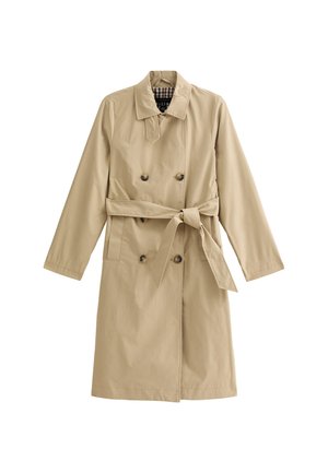 Cappotto trench beige realizzato in tessuto leggero, design doppiopetto, vita cinturata, con due tasche laterali e colletto foderato.