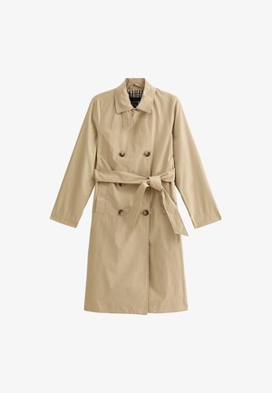 Beige trenchcoat van lichtgewicht stof, met een dubbele rij knopen, een ceintuur in de taille, twee zijzakken en een gevoerde kraag.