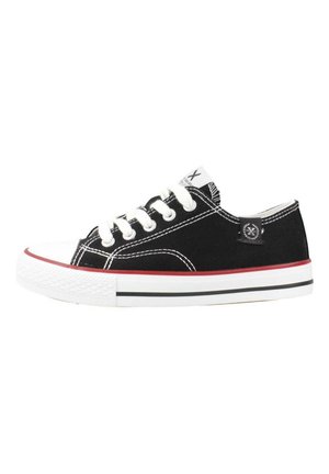 Zapatillas de lona negras con cordones blancos, puntera de goma y costuras en contraste. Presentan una suela a rayas rojas y negras. Diseño simple.