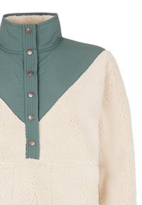 Fleece pullover met een groene hoge kraag en een crèmekleurig lichaam. Kenmerkt zich door een knoopsluiting met metalen knopen en een textuurstof.