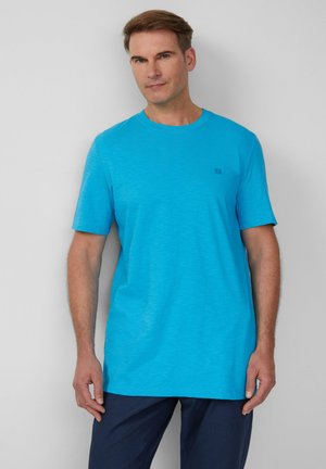 Light blue short-sleeve t-shirt with a round neck, made of soft fabric, featuring a small logo on the left chest.