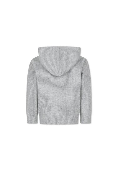 Felpa grigia a coste con cappuccio rotondo, texture morbida e polsini e orlo elasticizzati. Presenta un design semplice e pulito.