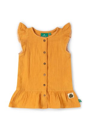 Ärmelloses, senfgelbes Kleid für Kleinkinder mit Rüschenschultern, Knöpfen vorne und einem kleinen bestickten Aufnäher nahe dem Saum.