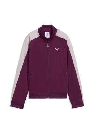 Fialová a svetlo béžová dlhá bunda na zips s rebrovanými manžetami, stojacím golierom a logom Puma na hrudi.