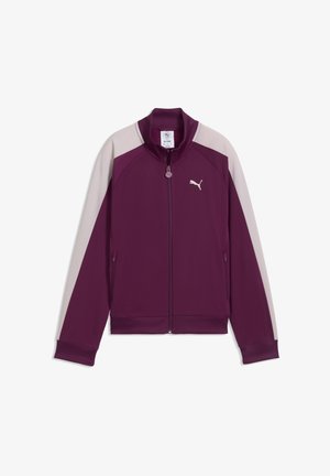 Fialová a svetlo béžová dlhá bunda na zips s rebrovanými manžetami, stojacím golierom a logom Puma na hrudi.