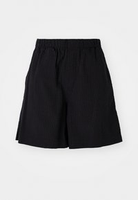 Zwarte shorts gemaakt van textielstof met een geribbeld patroon. Voorzien van een elastische tailleband en een ontspannen pasvorm. Einde net boven de knie.