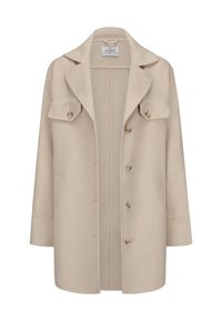 Beige Wollmantel mit Reverskragen, Knopfverschluss, zwei vorderen Taschen und entspannter Passform. Hat ein sauberes, minimalistisches Design.