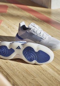 Jasnoszare buty sportowe z niebieskimi akcentami, z teksturowanej siateczki i wzorzystą gumową podeszwą. Posiadają zaokrąglony kształt oraz system sznurowania.