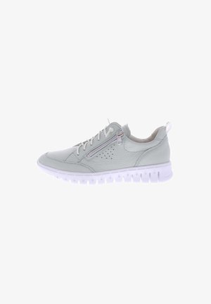 Hellgraue Leder-Sneaker mit strukturierter Oberfläche, seitlichem Reißverschluss und einer weißen Gummisohle mit segmentiertem Profil für besseren Halt.