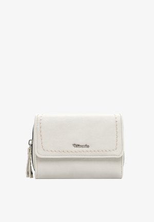 Baltos odos piniginė su užtrauktuko šonu, pasižyminti siūta apvadu ir sidabriniu logotipu. Kompaktiškas dizainas stačiakampės formos.