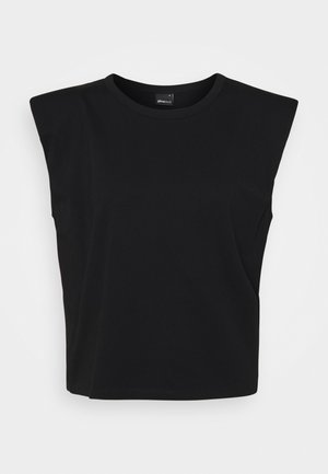 T-shirt noir sans manches avec épaules rembourrées et col rond, présenté sur un fond clair uni.