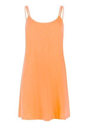 Mouwloze oranje jurk met dubbele dunne schouderbandjes, eenvoudig ontwerp, tot op de knie, gemaakt van lichtgewicht stof.