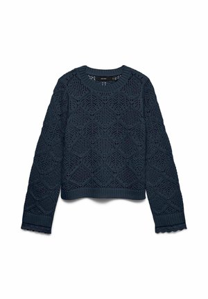 Pull tricoté bleu marine à manches longues avec un motif en losanges ajouré, poignets côtelés, ourlet et bords festonnés aux manches.