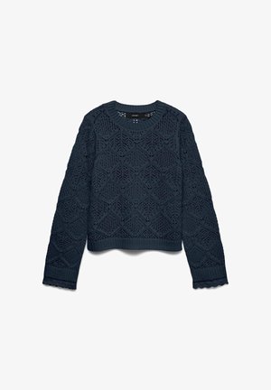 Tumesinist värvi pika varrukaga kudum-sviiter teemandi pitsmustriga, soonilised varrukaotsad ja alumine äär, ning lainelised servad varruka külgedel.